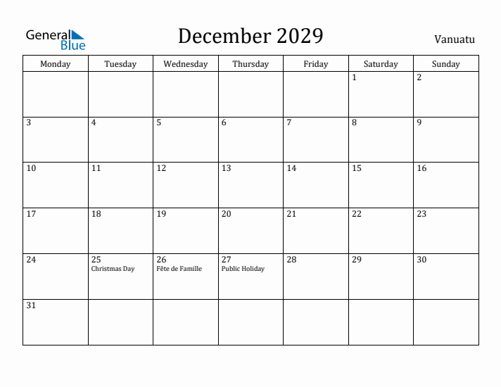 December 2029 Calendar Vanuatu