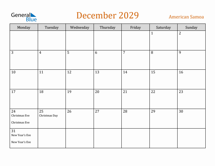 December 2029 Holiday Calendar with Monday Start