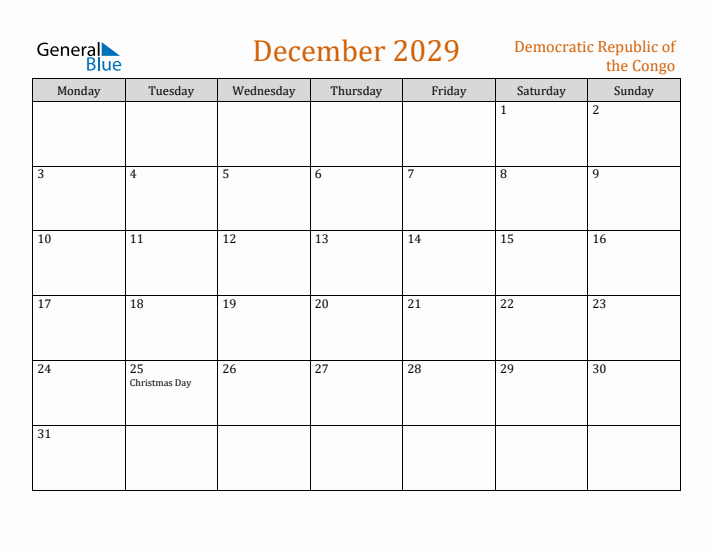 December 2029 Holiday Calendar with Monday Start