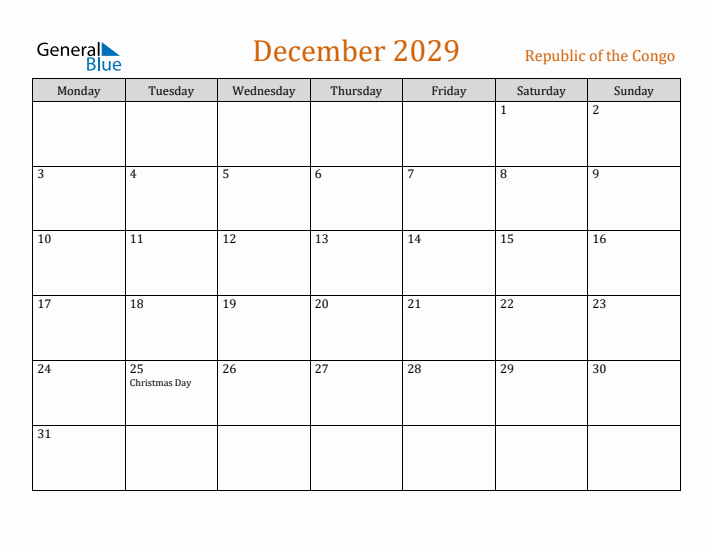 December 2029 Holiday Calendar with Monday Start