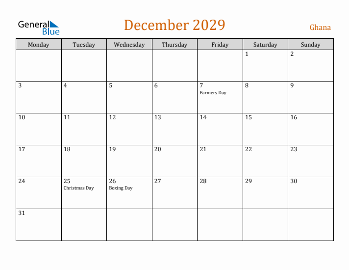 December 2029 Holiday Calendar with Monday Start