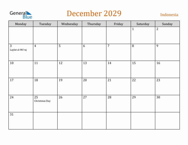 December 2029 Holiday Calendar with Monday Start
