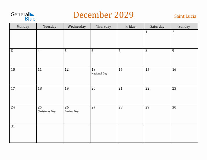 December 2029 Holiday Calendar with Monday Start