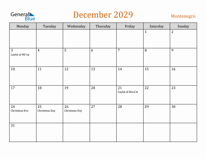 December 2029 Holiday Calendar with Monday Start