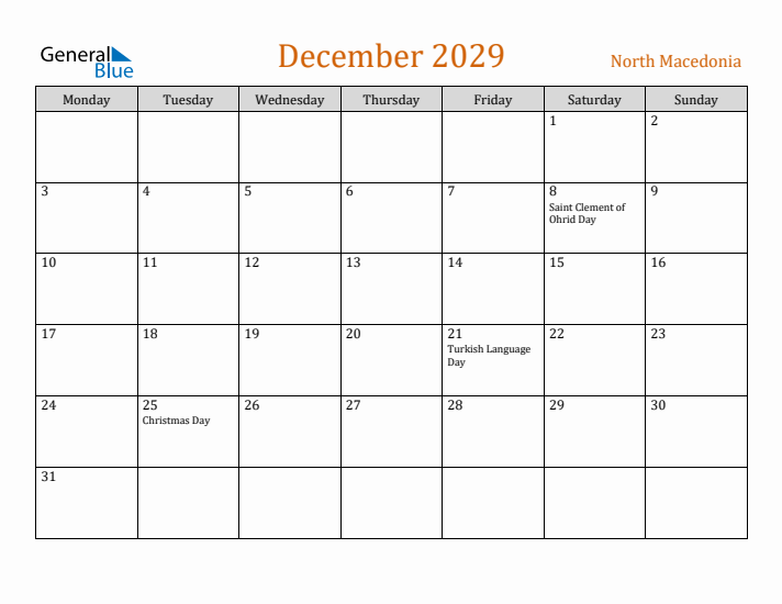 December 2029 Holiday Calendar with Monday Start