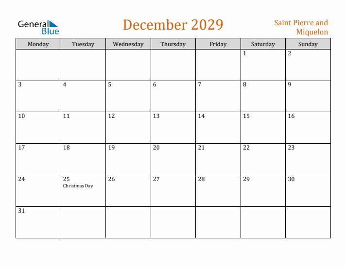 December 2029 Holiday Calendar with Monday Start