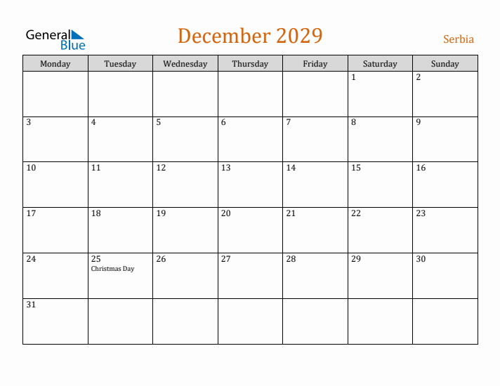 December 2029 Holiday Calendar with Monday Start