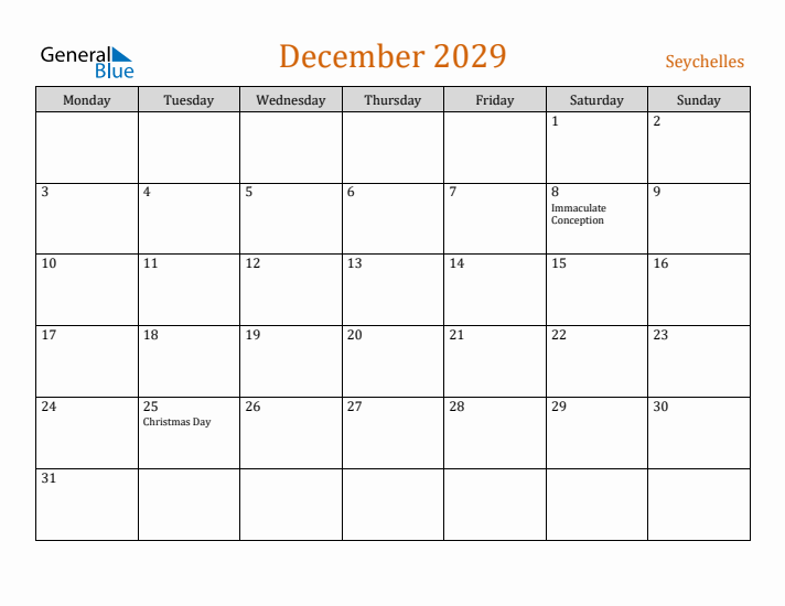 December 2029 Holiday Calendar with Monday Start