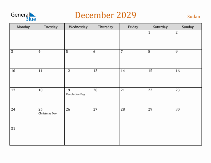 December 2029 Holiday Calendar with Monday Start