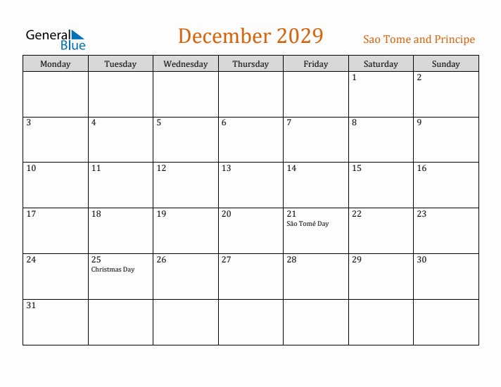 December 2029 Holiday Calendar with Monday Start