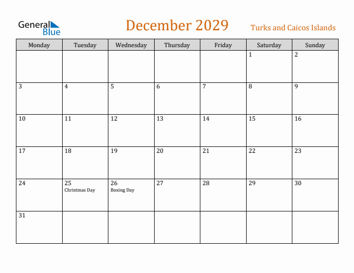 December 2029 Holiday Calendar with Monday Start