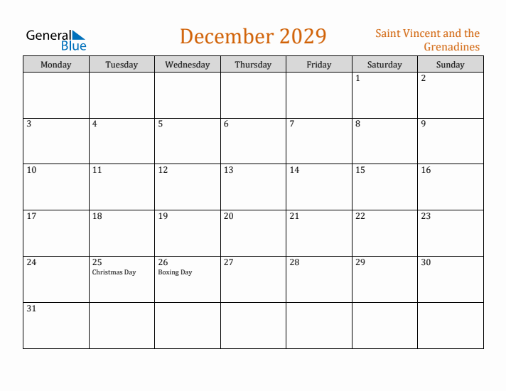 December 2029 Holiday Calendar with Monday Start