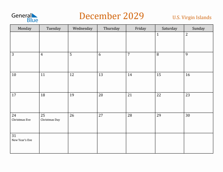 December 2029 Holiday Calendar with Monday Start
