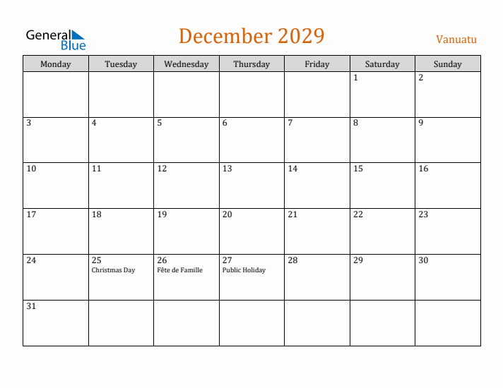 December 2029 Holiday Calendar with Monday Start