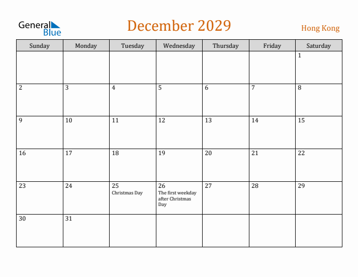December 2029 Holiday Calendar with Sunday Start