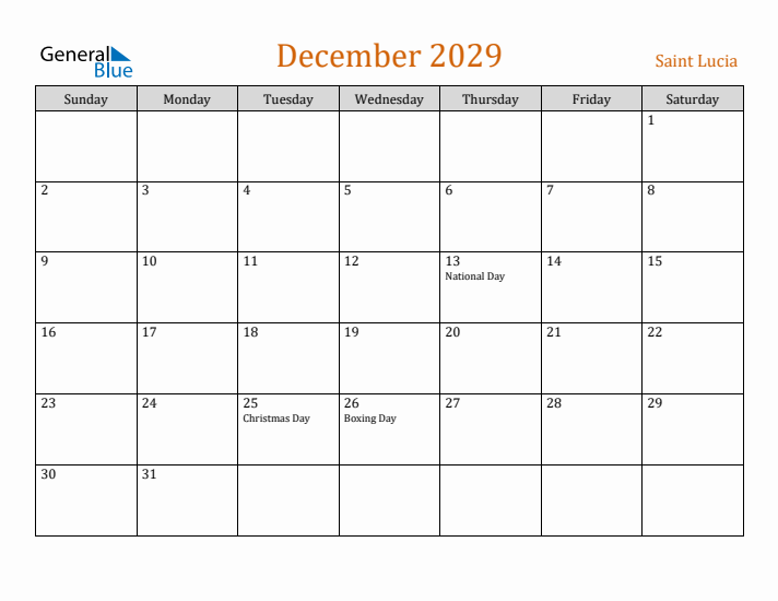 December 2029 Holiday Calendar with Sunday Start