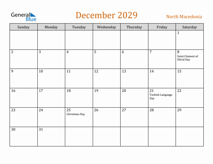 December 2029 Holiday Calendar with Sunday Start