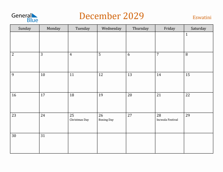 December 2029 Holiday Calendar with Sunday Start
