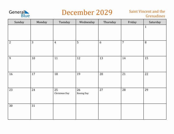 December 2029 Holiday Calendar with Sunday Start