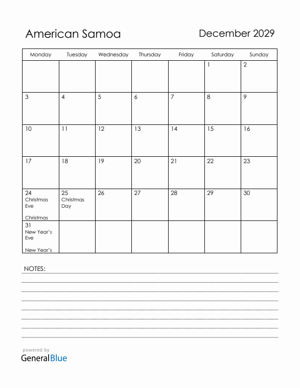 December 2029 American Samoa Calendar with Holidays (Monday Start)