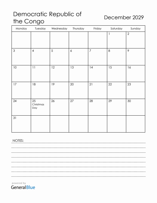 December 2029 Democratic Republic of the Congo Calendar with Holidays (Monday Start)