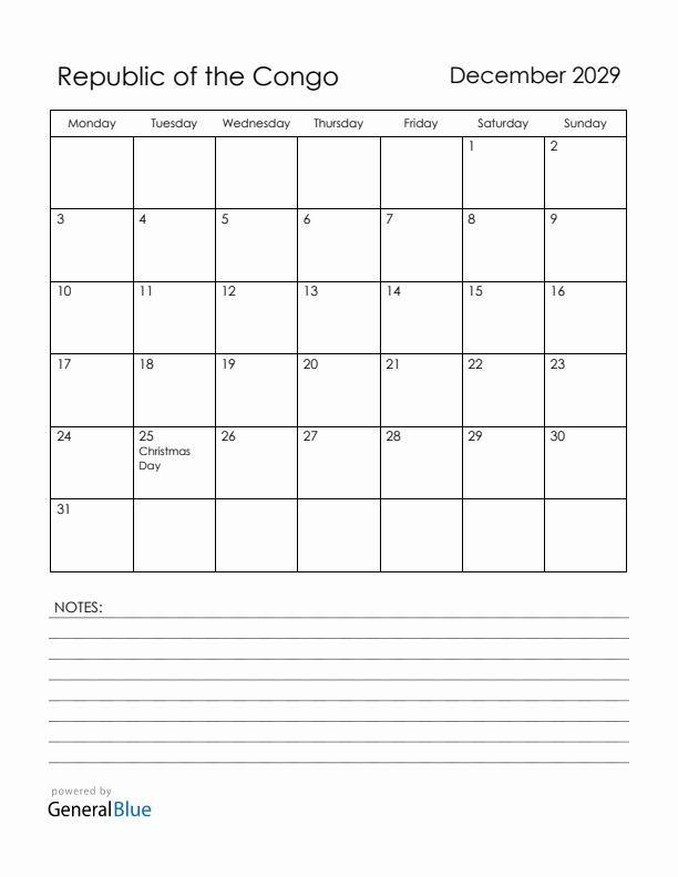 December 2029 Republic of the Congo Calendar with Holidays (Monday Start)