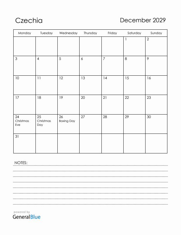 December 2029 Czechia Calendar with Holidays (Monday Start)
