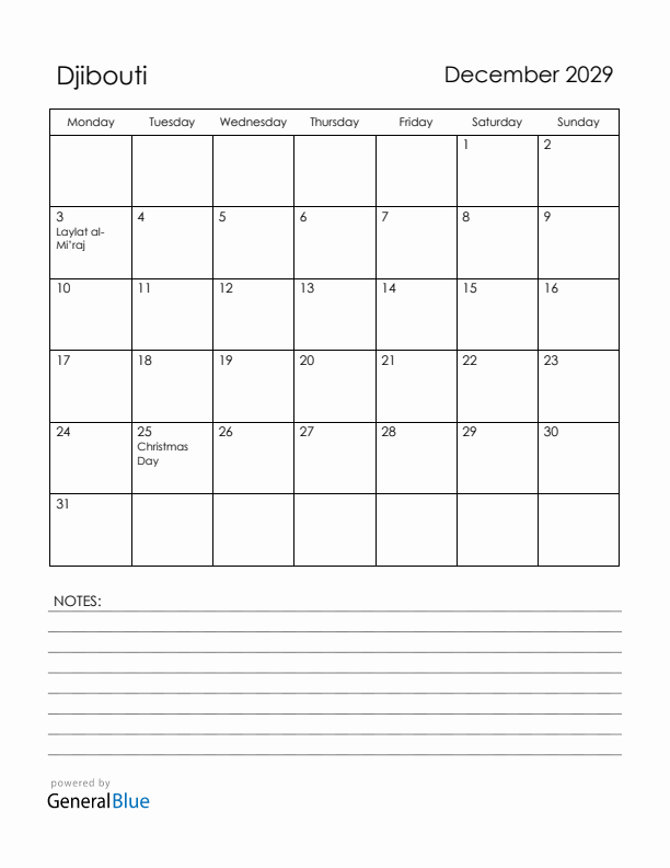 December 2029 Djibouti Calendar with Holidays (Monday Start)