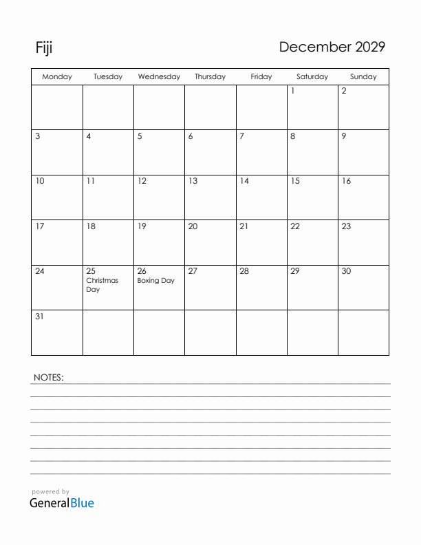 December 2029 Fiji Calendar with Holidays (Monday Start)