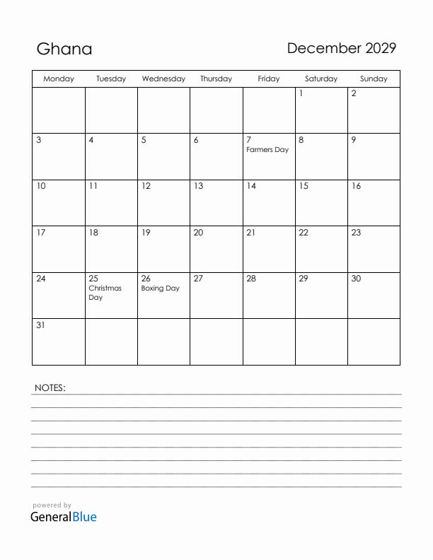 December 2029 Ghana Calendar with Holidays (Monday Start)