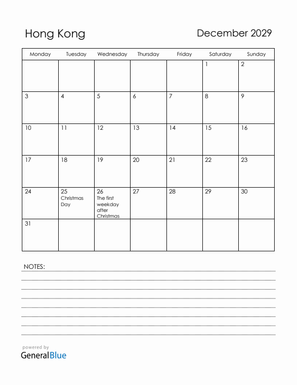 December 2029 Hong Kong Calendar with Holidays (Monday Start)