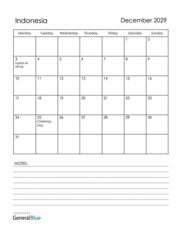 December 2029 Indonesia Calendar with Holidays (Monday Start)