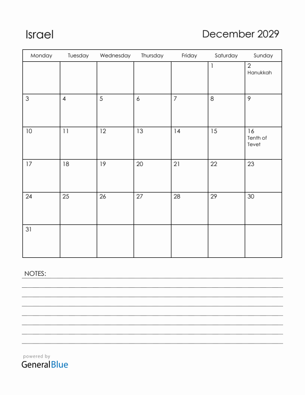 December 2029 Israel Calendar with Holidays (Monday Start)