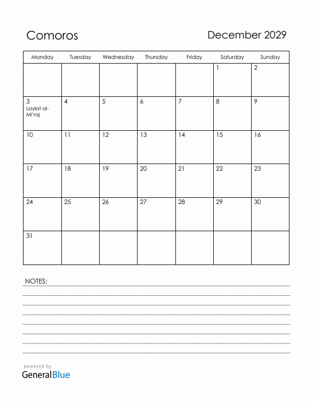 December 2029 Comoros Calendar with Holidays (Monday Start)