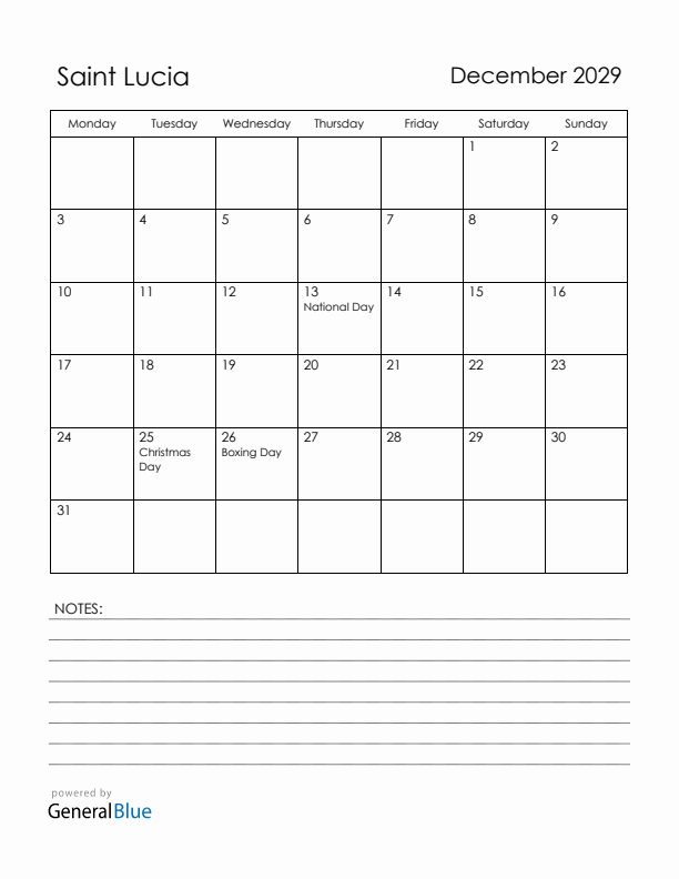 December 2029 Saint Lucia Calendar with Holidays (Monday Start)