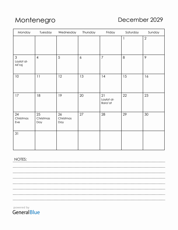 December 2029 Montenegro Calendar with Holidays (Monday Start)