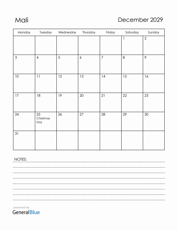 December 2029 Mali Calendar with Holidays (Monday Start)