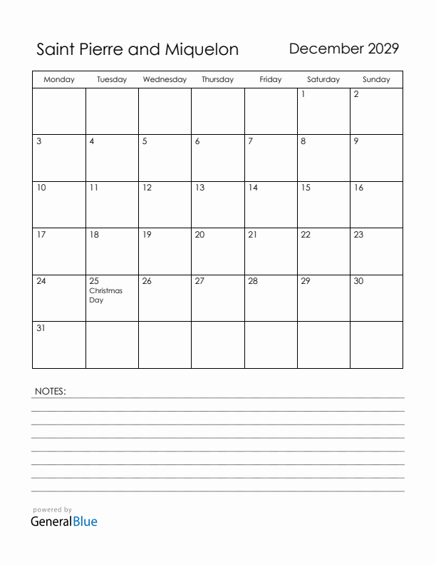 December 2029 Saint Pierre and Miquelon Calendar with Holidays (Monday Start)