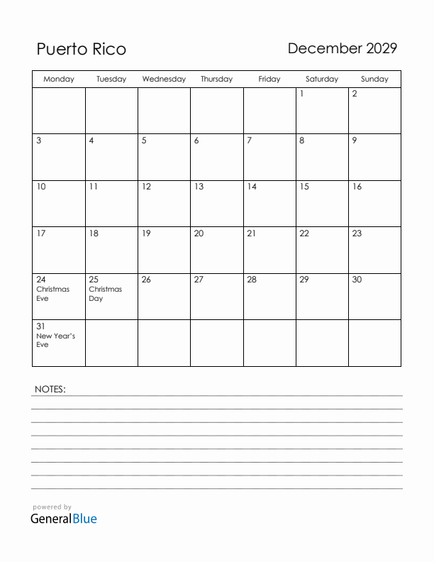 December 2029 Puerto Rico Calendar with Holidays (Monday Start)