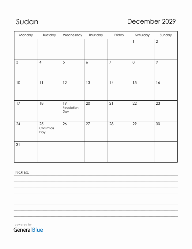 December 2029 Sudan Calendar with Holidays (Monday Start)