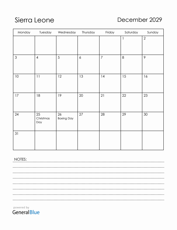 December 2029 Sierra Leone Calendar with Holidays (Monday Start)