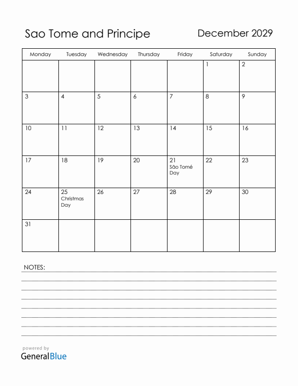 December 2029 Sao Tome and Principe Calendar with Holidays (Monday Start)