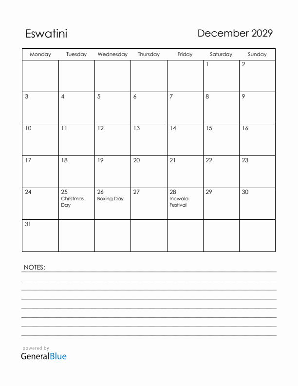 December 2029 Eswatini Calendar with Holidays (Monday Start)