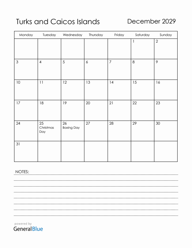 December 2029 Turks and Caicos Islands Calendar with Holidays (Monday Start)