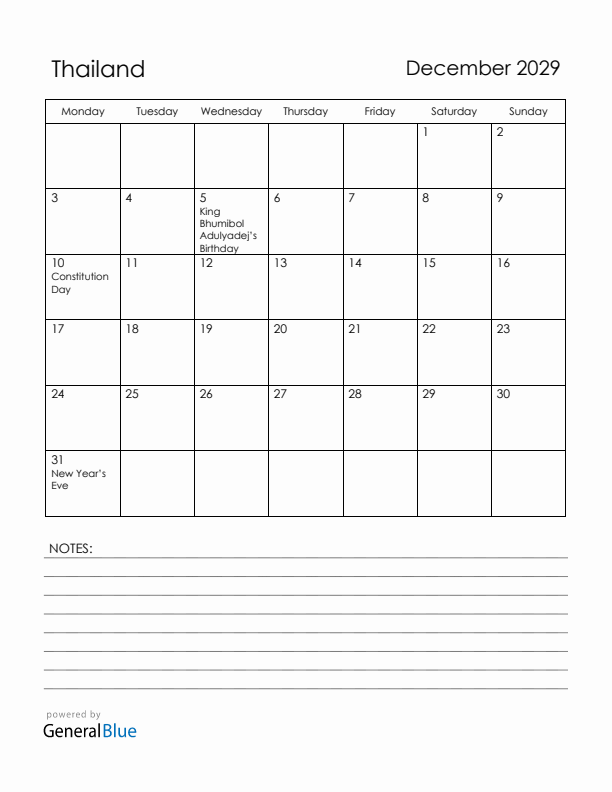 December 2029 Thailand Calendar with Holidays (Monday Start)