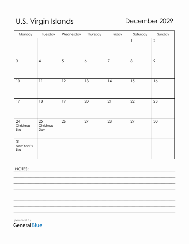 December 2029 U.S. Virgin Islands Calendar with Holidays (Monday Start)