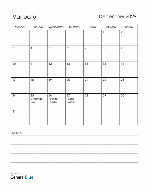 December 2029 Vanuatu Calendar with Holidays (Monday Start)