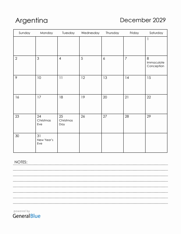 December 2029 Argentina Calendar with Holidays (Sunday Start)