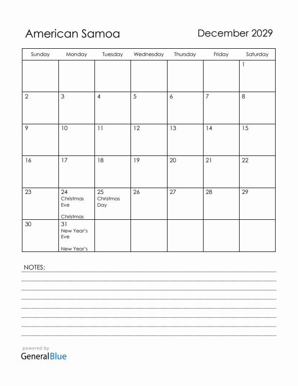 December 2029 American Samoa Calendar with Holidays (Sunday Start)