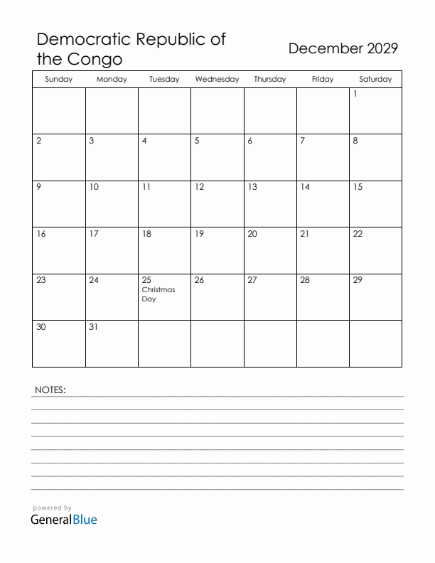 December 2029 Democratic Republic of the Congo Calendar with Holidays (Sunday Start)